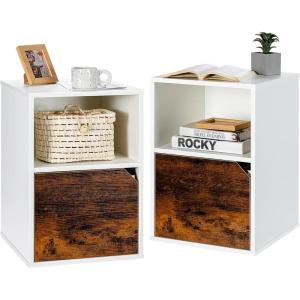 Giantex Set of 2 Nightstands, End Table w/Storage Cabinet and Open Shelf, 2-Tier File Cabinet, Modern Sofa Couch Side Table for Bedroom Home Office (White+Rustic Brown)(White+rustic Brown)