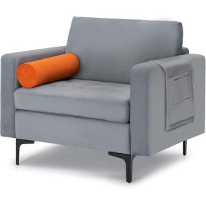 Giantex Set of 2 Single Sofa, Accent Chairs w/Cushion Bolster, Armrest Magazine Caddy Holder Pockets, Armchair Living Room Upholstered Leisure Chair for Bedroom Reception Room Dark Grey(Grey&orange)