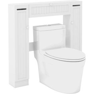 Giantex Short Over The Toilet Storage Cabinet, Bathroom Organizer w/Paper Holder, Adjustable Shelves & Bottom Bar, Freestanding Space Saver Above Toilet Storage for Restroom, Laundry Room(35″L x8″W x39″H)
