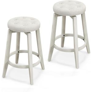 Giantex Swivel Bar Stools Set of 2, 30-Inch Bar Height Stools with Tufted Seat & Rubber Wood Frame, Round Backless Kitchen Stools with Footrest, Barstools for Kitchen Island/Breakfast/Pub, Black(Antique White)