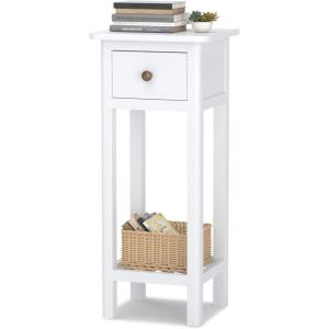 Giantex Tall End Table, Narrow Side Table with Drawer and Shelf, Acacia Wood Nightstand for Living Room, 2-Tier Bedside Table for Small Space, No Assembly, White(White)
