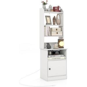 Giantex Tall Nightstand with Charging Station – 56″ Tall Bedside Table with 6-Level Adjustable Bookshelf, Modern End Side Table with Storage Cabinet for Bedroom, White(White)
