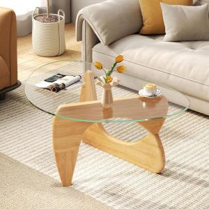 Giantex Triangle Glass Coffee Table, Solid Wood Tea Table with Tempered Glass Top & Adjustable Base, Small Accent Table for Small Spaces, Mid Century Modern Center Table for Living Room (Natural)(Natural)