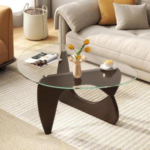 Giantex Triangle Glass Coffee Table, Solid Wood Tea Table with Tempered Glass Top & Adjustable Base, Small Accent Table for Small Spaces, Mid Century Modern Center Table for Living Room (Natural)(Walnut)