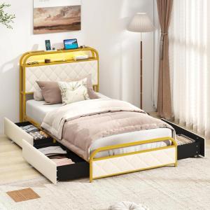Giantex Twin Bed Frame with 4 Storage Drawers and Charging Station, Metal Twin Size Platform Bed w/LED Lights & Velvet Upholstered Headboard, No Box Spring Needed, Twin Storage Bed, Gold & Beige
