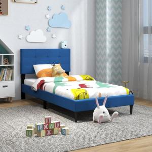 Giantex Twin Bed Frames for Kids, Modern Fabric Linen Upholstered Platform Bed Frame with Button Tufted Headboard and Wooden Slats, No Box Spring Needed, Kids Twin Bed for Boys Girls, Navy Blue(Navy Blue)