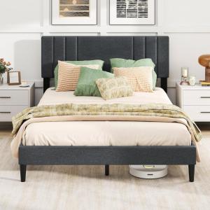 Giantex Twin Bed Frames with Headboard, Modern Upholstered Platform Bed Frame with Vertical Channel Tufted Headboard, Wooden Slats Support, No Box Spring Needed, Gray(Queen)