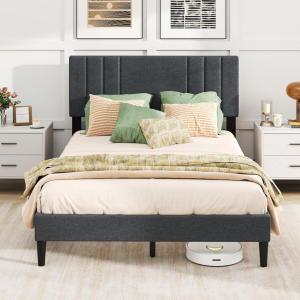 Giantex Twin Bed Frames with Headboard, Modern Upholstered Platform Bed Frame with Vertical Channel Tufted Headboard, Wooden Slats Support, No Box Spring Needed, Gray(Full)