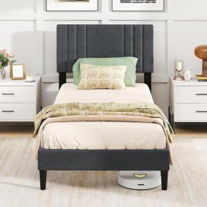 Giantex Twin Bed Frames with Headboard, Modern Upholstered Platform Bed Frame with Vertical Channel Tufted Headboard, Wooden Slats Support, No Box Spring Needed, Gray(Twin)