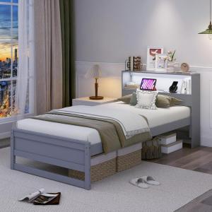 Giantex Twin Bed Frames with Storage Headboard, Wood Platform Bed with Charging Station & LED Light, Single Bed with Slats Support, Under-Bed Space, Twin Bed Frames for Kids Girls Boys (White)(Grey)