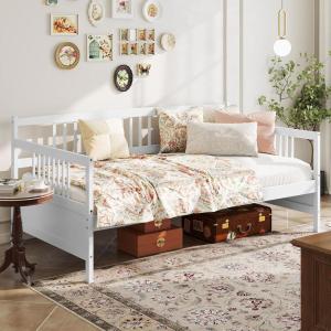 Giantex Twin Daybed Frame, Wooden Sofa Bed Guest Bed with Rails & Wood Slat Support, Dual-use Twin Size Platform Bed Frame for Living Room Bedroom, No Box Spring Needed, Cherry(White)