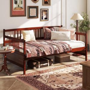 Giantex Twin Daybed Frame, Wooden Sofa Bed Guest Bed with Rails & Wood Slat Support, Dual-use Twin Size Platform Bed Frame for Living Room Bedroom, No Box Spring Needed, Cherry(Cherry)