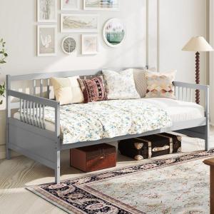 Giantex Twin Daybed Frame, Wooden Sofa Bed Guest Bed with Rails & Wood Slat Support, Dual-use Twin Size Platform Bed Frame for Living Room Bedroom, No Box Spring Needed, Cherry(Grey)