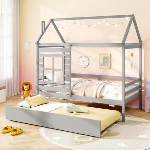 Giantex Twin House Bed with Trundle Bed Twin, Wooden Twin Bed Frames with Roof, Chimney & Window, Montessori House Bed with Safety Guardrails, House Trundle Bed for Kids, Boys, Girls, Teens (White)(Grey)