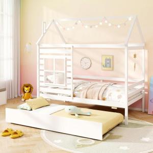 Giantex Twin House Bed with Trundle Bed Twin, Wooden Twin Bed Frames with Roof, Chimney & Window, Montessori House Bed with Safety Guardrails, House Trundle Bed for Kids, Boys, Girls, Teens (White)(White)