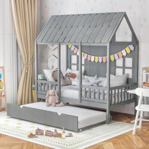 Giantex Twin House Bed with Trundle, Kids Bed Frame with 82″ Tall Roof, Windows and Guardrail, Wooden Playhouse Bed for Teens Boys Girls Bedroom, No Box Spring Needed, Free to Decorate, Grey