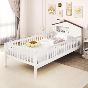 Giantex Twin Kids Bed Frame, Solid Wood Montessori Bed with Guardrails & House-Shaped Headboard, Built-in Storage Shelf, No Box Spring Needed, for Boys Girls, White(White)