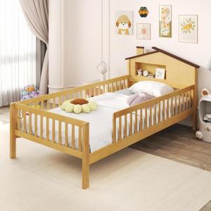 Giantex Twin Kids Bed Frame, Solid Wood Montessori Bed with Guardrails & House-Shaped Headboard, Built-in Storage Shelf, No Box Spring Needed, for Boys Girls, White(Natural)