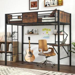 Giantex Twin Loft Bed with Desk – Heavy-Duty Metal Bed Frame w/Safety Guardrail, Ladder & Storage Shelf, 485 LBS Load, Space-Saving Lofted Twin Bed with Stairs for Teens Adults, No Box Spring Needed