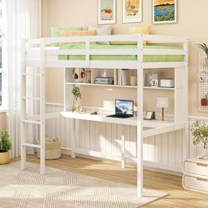 Giantex Twin Loft Bed with Desk & Bookcase, Solid Wood Loft Bed Frame w/Safety Guardrails & Ladder, Space-Saving Twin Size Bed Frame with Storage for Home Dorm Apartment, No Box Spring Needed, White