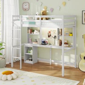 Giantex Twin Loft Bed with Desk & Hutch, Wooden Loft Bed w/LED Light & Charging Station, Safety Guardrails & Ladder, Twin Bed Frame w/Storage Shelves for Dorm, Apartment, No Box Spring Needed, White