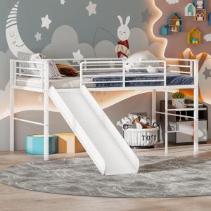 Giantex Twin Loft Bed with Slide, Metal Low Bunk Bed w/Safety Guardrails & Built-in Ladder, Toddler Bed Floor Frame for Boys & Girls, No Box Spring Needed (Black)(White)