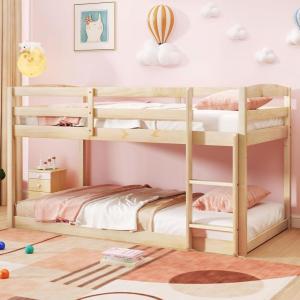 Giantex Twin Low Bunk Bed, Solid Wood Twin Over Twin Bunk Bed Frame with Full Guardrails & Integrated Ladder, Floor Twin Bunk Beds for Kids Boys and Girls, No Box Spring Needed, White(Natural)