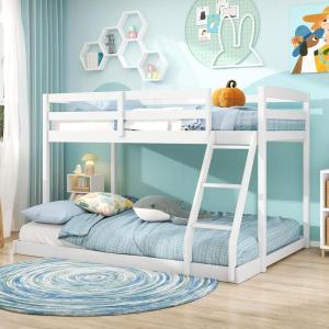 Giantex Twin Low Bunk Bed, Solid Wood Twin Over Twin Bunk Bed Frame with Full Guardrails & Integrated Ladder, Floor Twin Bunk Beds for Kids Boys and Girls, No Box Spring Needed, White(White)