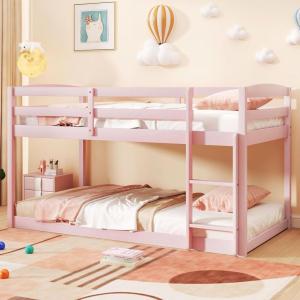 Giantex Twin Low Bunk Bed, Solid Wood Twin Over Twin Bunk Bed Frame with Full Guardrails & Integrated Ladder, Floor Twin Bunk Beds for Kids Boys and Girls, No Box Spring Needed, White(Pink)