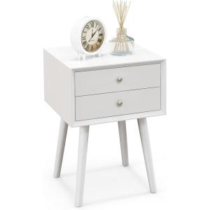 Giantex White Nightstand, Wooden Bedside Tables w/ 2 Storage Drawers & Soild Wood Legs, Practical End Side Table, Mid Century Modern Night Stand for Living Room Bedroom(White)