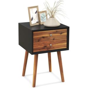 Giantex White Nightstand, Wooden Bedside Tables w/ 2 Storage Drawers & Soild Wood Legs, Practical End Side Table, Mid Century Modern Night Stand for Living Room Bedroom(Black & Walnut)