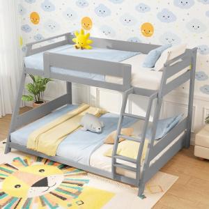 Giantex Wood Bunk Beds Twin Over Full Size, Solid Wood Bunk Bed Frame w/Reversible Ladder & Safety Guardrails, Low Bunk Bed for Kids Teens Juniors, No Box Spring Needed, White(Grey)