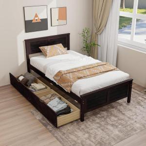 Giantex Wood Full Size Bed Frame with 2 Storage Drawers, Solid Wood Platform Bed with Headboard, Wooden Slats Mattress Foundation, No Spring Needed, Full Bed Frame for Kids, Teens, Adults, Grey(Espresso)