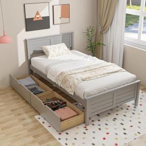 Giantex Wood Full Size Bed Frame with 2 Storage Drawers, Solid Wood Platform Bed with Headboard, Wooden Slats Mattress Foundation, No Spring Needed, Full Bed Frame for Kids, Teens, Adults, Grey(Grey)
