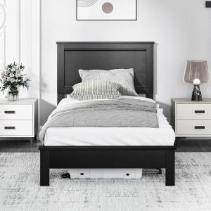 Giantex Wood Queen Platform Bed Frame with Headboard, Mid Century Bed Frame with Solid Wood Legs & Wooden Slat Support, No Box Spring Needed, Walnut Bed(Black)