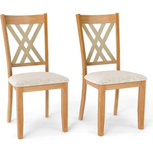 Giantex Wooden Dining Chairs Set of 2, Linen Fabric Upholstered Kitchen Chair w/Rubber Wood Frame, Wide Padded Seat, Curved Cross Back, Farmhouse Side Chairs for Living Room Restaurant, Dark Gray(Natural & Beige)