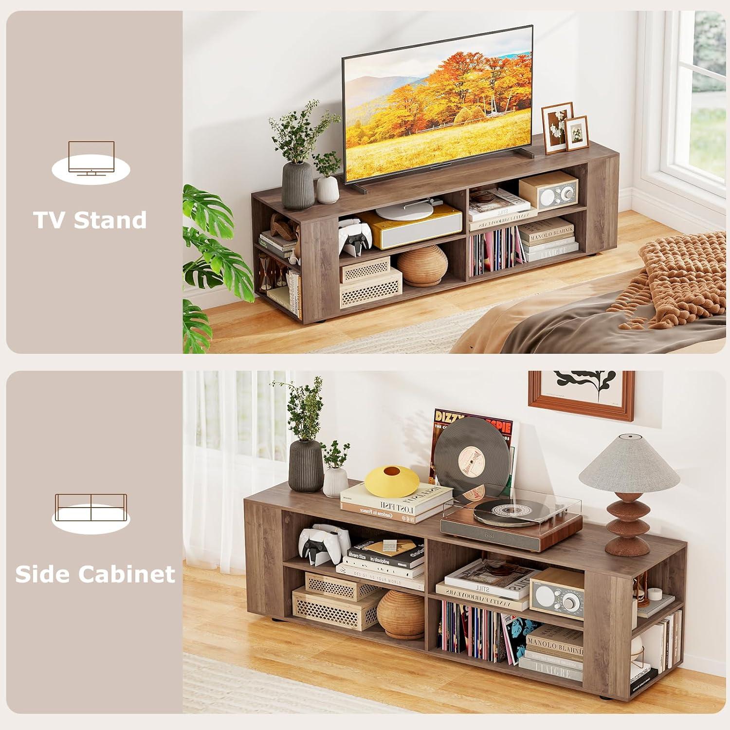 image:imageGianetx Modern TV Stand for TVs up to 65 Inch Wooden Entertainment Center w 4 Storage Cubbies Side Shelves w 5 Raised Feet Media TV Console Table for Living Room Rustic BrownOak