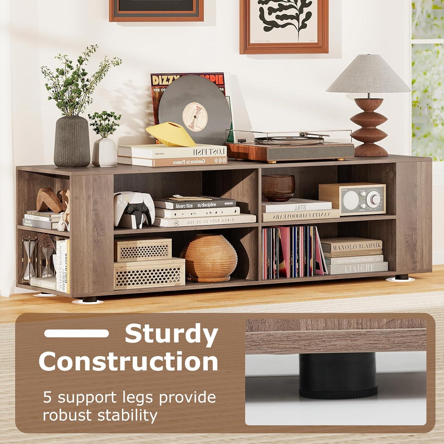 image:imageGianetx Modern TV Stand for TVs up to 65 Inch Wooden Entertainment Center w 4 Storage Cubbies Side Shelves w 5 Raised Feet Media TV Console Table for Living Room Rustic BrownOak