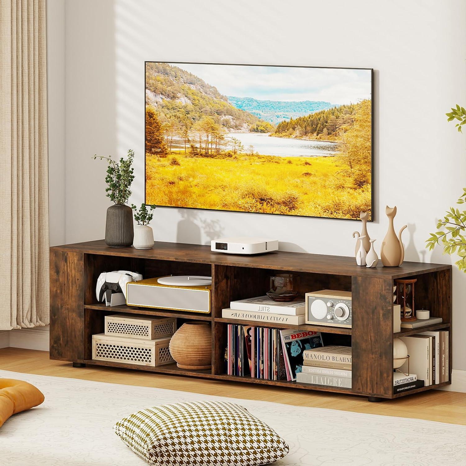 image:imageGianetx Modern TV Stand for TVs up to 65 Inch Wooden Entertainment Center w 4 Storage Cubbies Side Shelves w 5 Raised Feet Media TV Console Table for Living Room Rustic BrownRustic Brown
