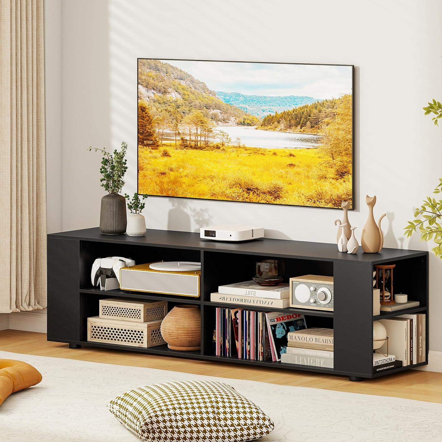 image:imageGianetx Modern TV Stand for TVs up to 65 Inch Wooden Entertainment Center w 4 Storage Cubbies Side Shelves w 5 Raised Feet Media TV Console Table for Living Room Rustic BrownBlack
