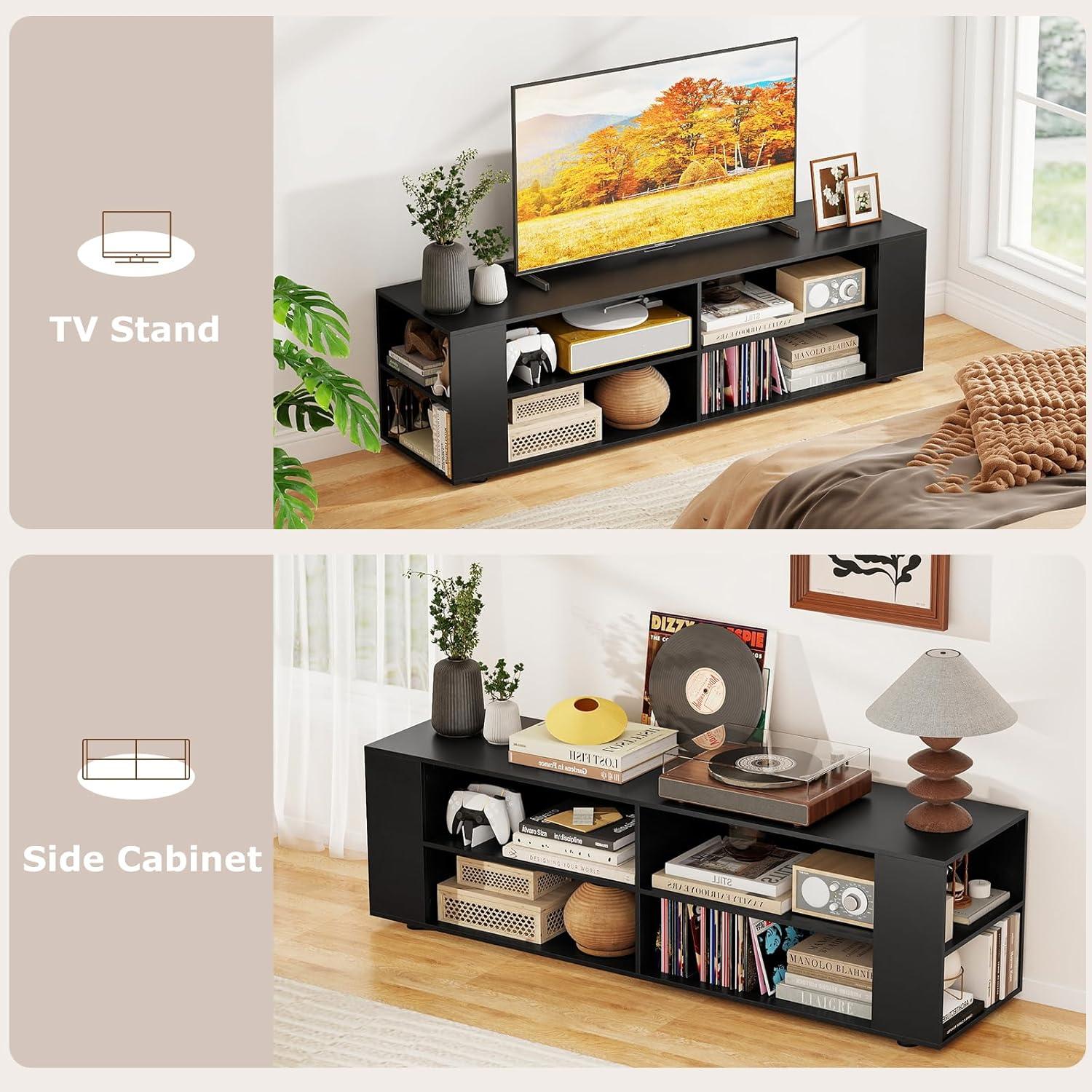 image:imageGianetx Modern TV Stand for TVs up to 65 Inch Wooden Entertainment Center w 4 Storage Cubbies Side Shelves w 5 Raised Feet Media TV Console Table for Living Room Rustic BrownBlack