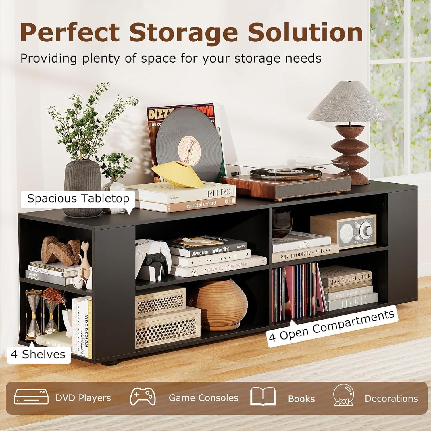 image:imageGianetx Modern TV Stand for TVs up to 65 Inch Wooden Entertainment Center w 4 Storage Cubbies Side Shelves w 5 Raised Feet Media TV Console Table for Living Room Rustic BrownBlack