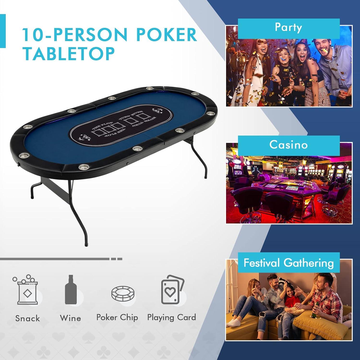 image:imageGiantex 10 Players Poker Table with Cup Holder Folding Casino Leisure Table with 4 USB Ports Extra Lights Easy to Assemble Foldable Game Poker Tables for Texas Card Games BlueBlue