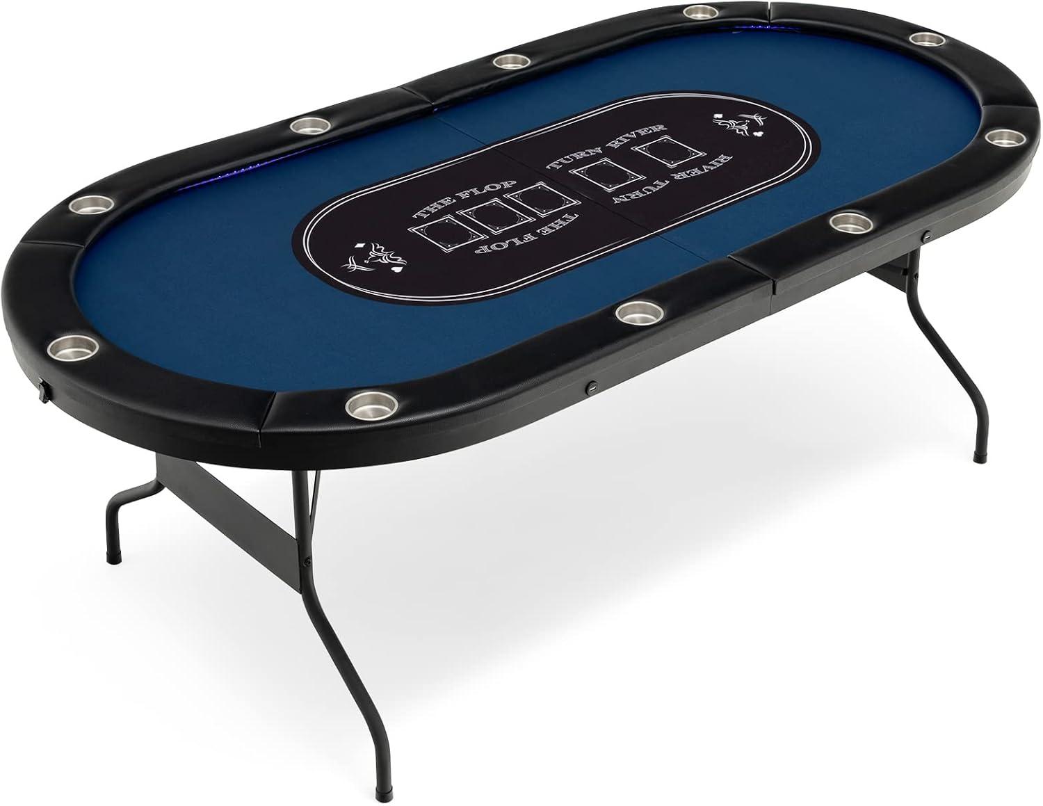 image:imageGiantex 10 Players Poker Table with Cup Holder Folding Casino Leisure Table with 4 USB Ports Extra Lights Easy to Assemble Foldable Game Poker Tables for Texas Card Games BlueBlue
