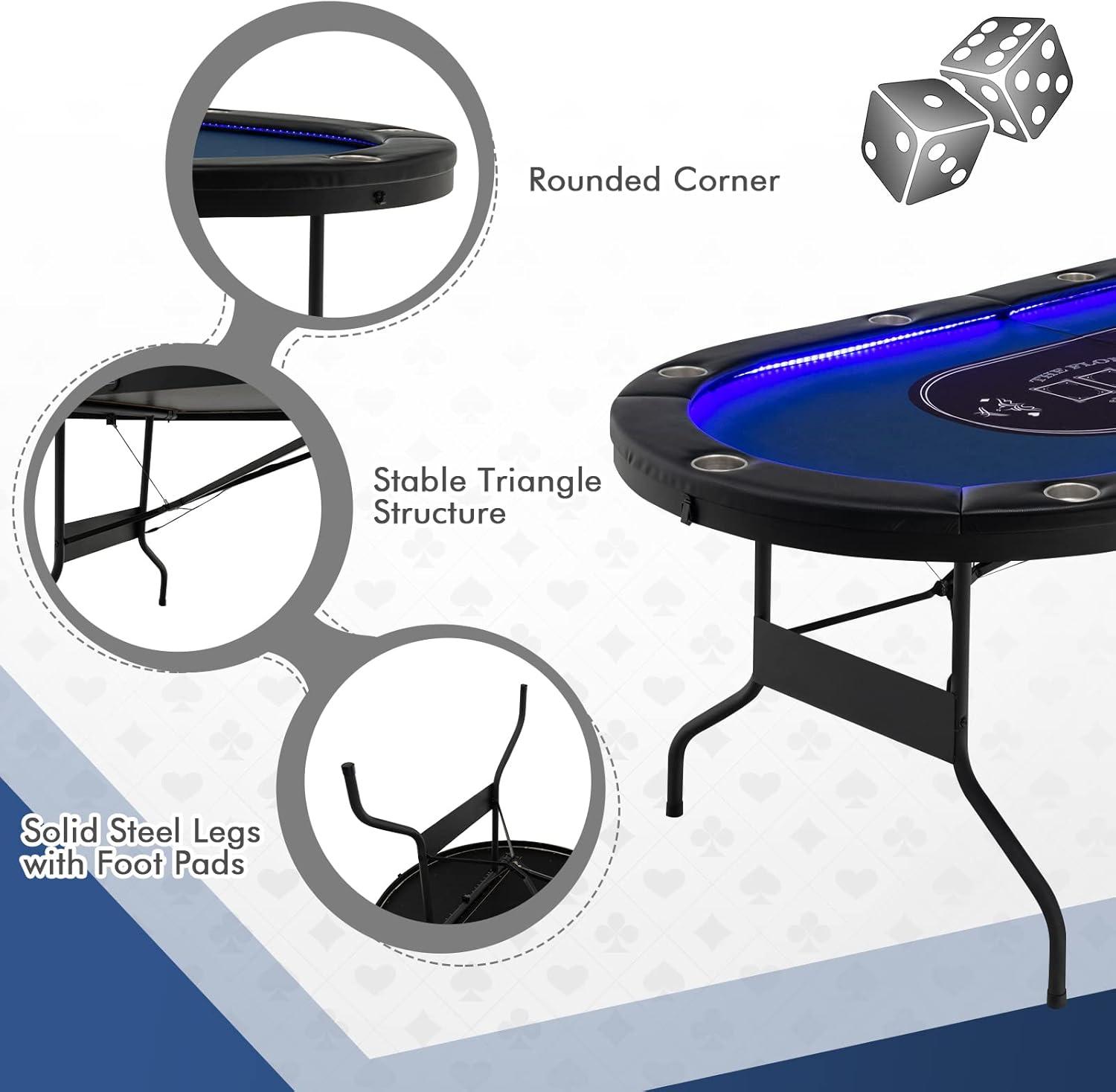 image:imageGiantex 10 Players Poker Table with Cup Holder Folding Casino Leisure Table with 4 USB Ports Extra Lights Easy to Assemble Foldable Game Poker Tables for Texas Card Games BlueBlue