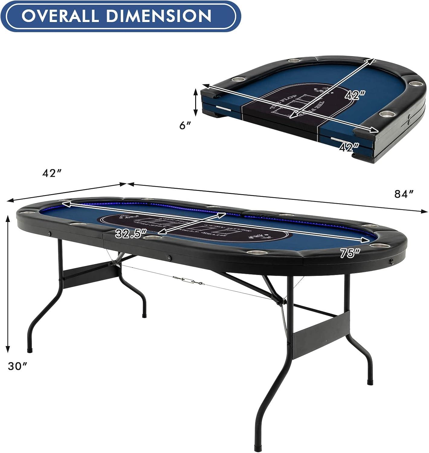 image:imageGiantex 10 Players Poker Table with Cup Holder Folding Casino Leisure Table with 4 USB Ports Extra Lights Easy to Assemble Foldable Game Poker Tables for Texas Card Games BlueBlue