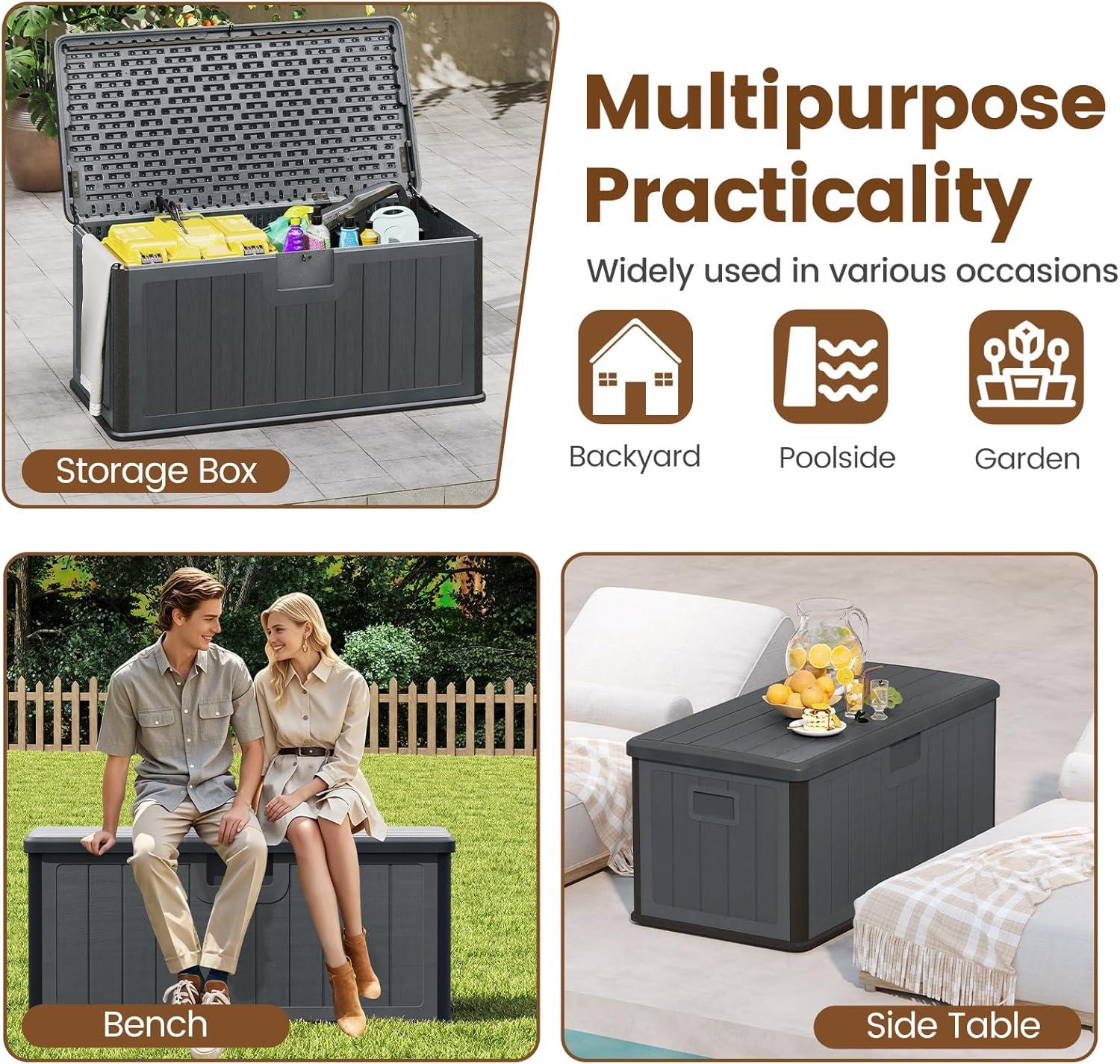 image:imageGiantex 100 Gallon Deck Box Waterproof Resin Box with Lockable Lid 440Lbs Outdoor HDPE Storage Container Bench for Patio Furniture Cushions Pool Tools amp Garden Accessories GreyGrey