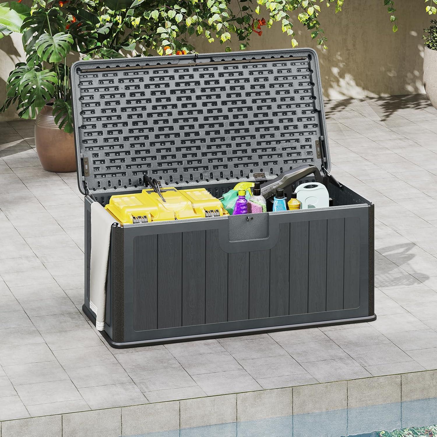 image:imageGiantex 100 Gallon Deck Box Waterproof Resin Box with Lockable Lid 440Lbs Outdoor HDPE Storage Container Bench for Patio Furniture Cushions Pool Tools amp Garden Accessories GreyGrey