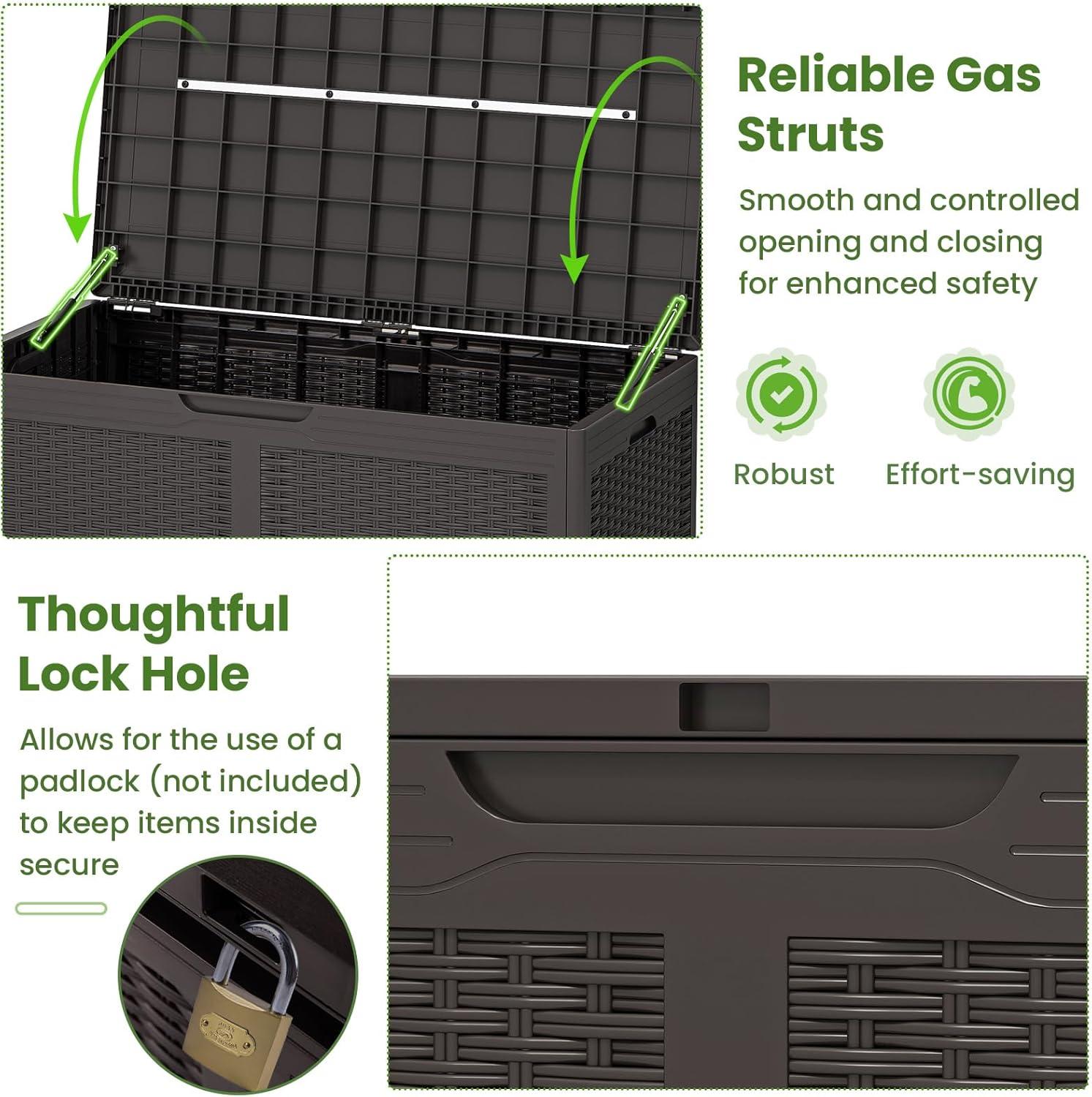 image:imageGiantex 100 Gallon Resin Outdoor Storage Box Waterproof Deck Box wLockable Lid amp Wheels Rattan Storage Container Bench for Patio Cushions Pool Accessories Gardening Tools 440 lbs GreyBrown