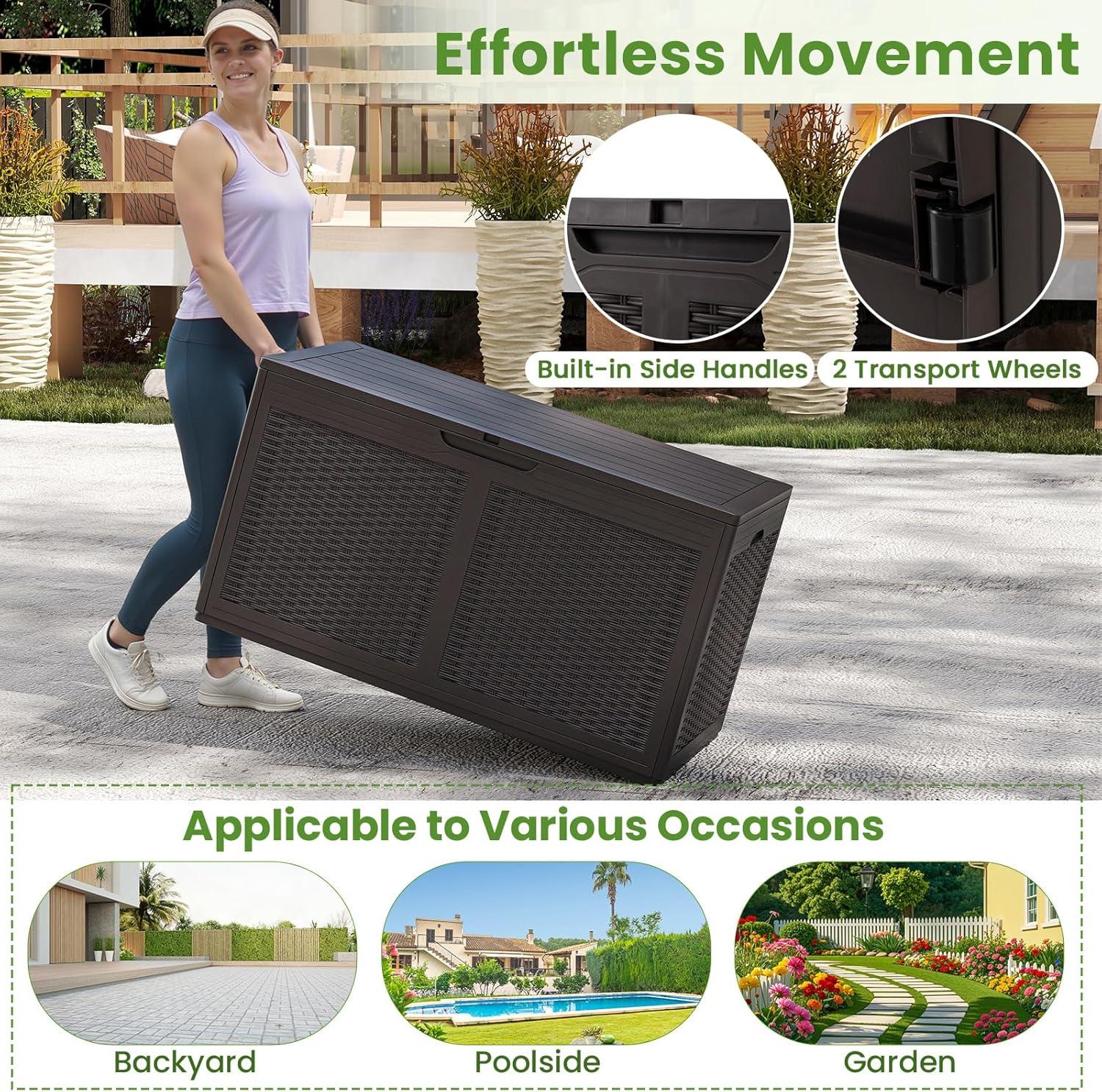 image:imageGiantex 100 Gallon Resin Outdoor Storage Box Waterproof Deck Box wLockable Lid amp Wheels Rattan Storage Container Bench for Patio Cushions Pool Accessories Gardening Tools 440 lbs GreyBrown